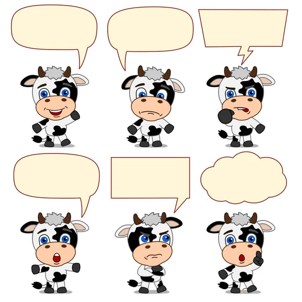 一套迷人的卡通人物的牛与语音气泡在不同的姿势 — 图库矢量图片