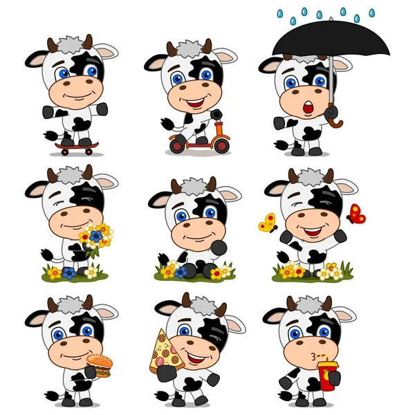 Conjunto Encantadores Personajes Dibujos Animados Vacas Con Comida Rápida Diferentes — Vector de stock