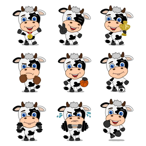 一套迷人的卡通人物的奶牛与不同的姿势和情感 — 图库矢量图片