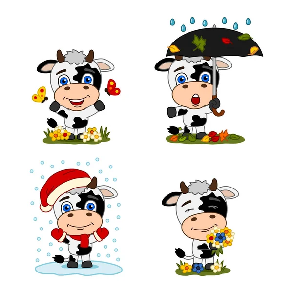 Charmante Zeichentrickfiguren Von Kühen Verschiedenen Jahreszeiten — Stockvektor