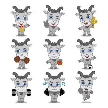 farklı spor ekipmanları ile sportif keçi büyüleyici çizgi film karakterleri seti