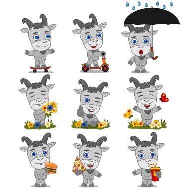 çiçek çayır üzerinde farklı pozlar fast food ile keçi büyüleyici çizgi film karakterleri seti 