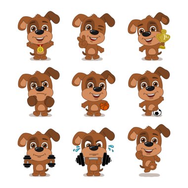 farklı spor ekipmanları ile sportif köpeklerin büyüleyici çizgi film karakterleri seti