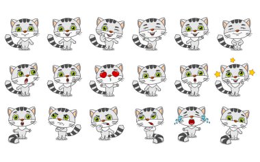 farklı pozlar ve duygular ile kedilerin büyüleyici çizgi film karakterleri seti 