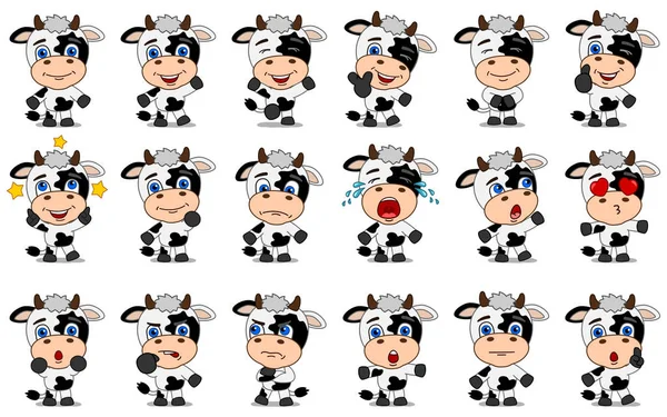 Conjunto Charmosos Personagens Desenhos Animados Vacas Com Diferentes Poses Emoções —  Vetores de Stock