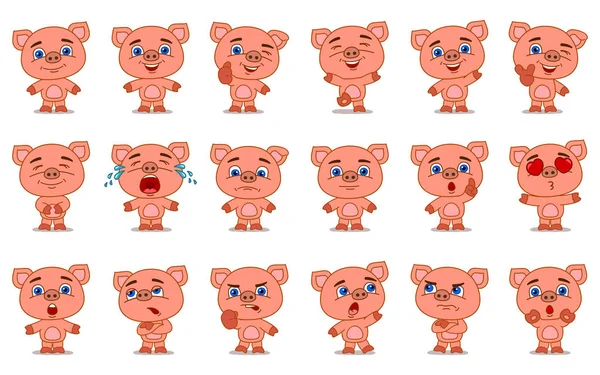 Set Van Charmante Stripfiguren Van Varkens Met Verschillende Poses Emoties — Stockvector