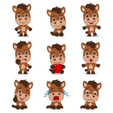 farklı pozlar ve duygular ile atların büyüleyici çizgi film karakterleri seti 