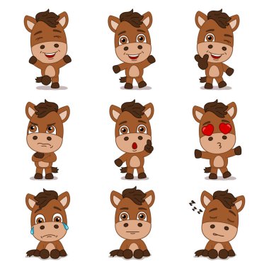 farklı pozlar ve duygular ile atların büyüleyici çizgi film karakterleri seti 