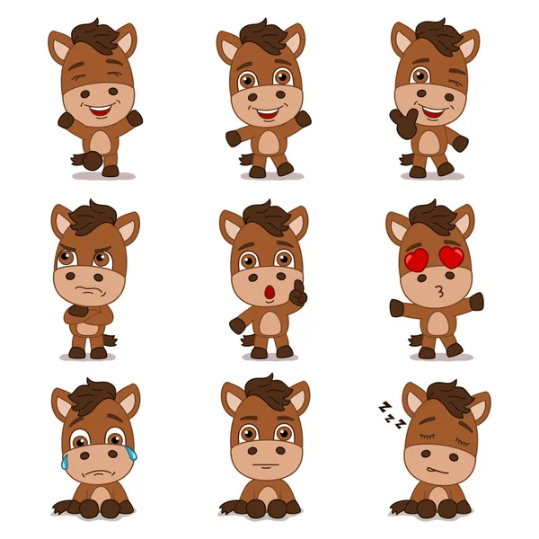 farklı pozlar ve duygular ile atların büyüleyici çizgi film karakterleri seti 