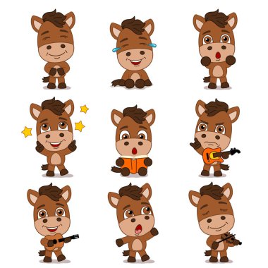 müzik aletleri ile atların büyüleyici çizgi film karakterleri seti  