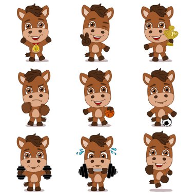 farklı spor ekipmanları ile sportif atların büyüleyici çizgi film karakterleri seti