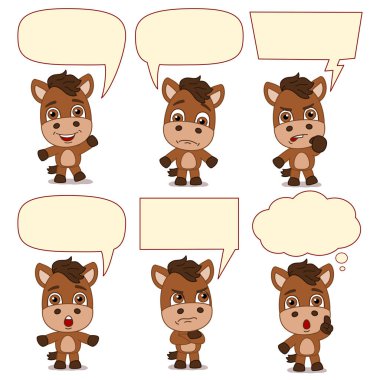 farklı pozlar konuşma kabarcıkları ile atların büyüleyici çizgi film karakterleri seti 