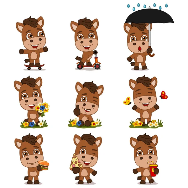 çiçek çayır üzerinde farklı pozlar fast food ile atların büyüleyici çizgi film karakterleri seti 