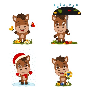 farklı mevsimlerde atların büyüleyici çizgi film karakterleri seti 