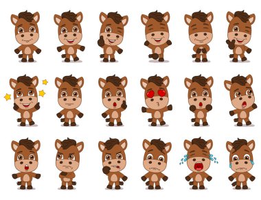 farklı pozlar ve duygular ile atların büyüleyici çizgi film karakterleri seti 