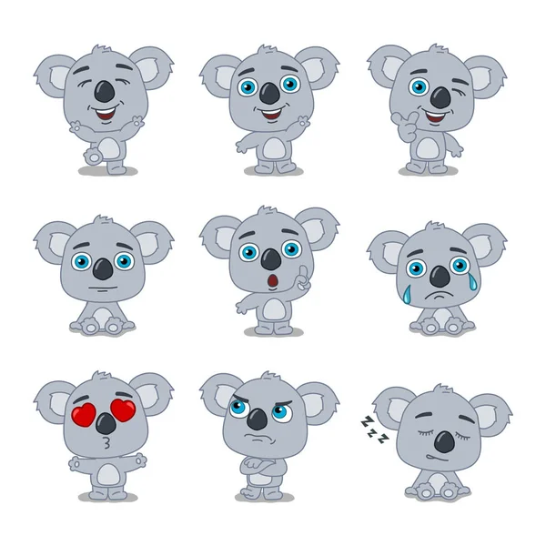 Zestaw Uroczych Bohaterów Kreskówek Koala Niedźwiedzie Różnych Pozach Emocji — Wektor stockowy