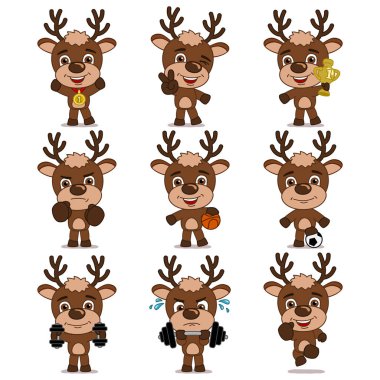 Sportif geyiklerin farklı spor ekipmanları olan çekici çizgi film karakterleri.