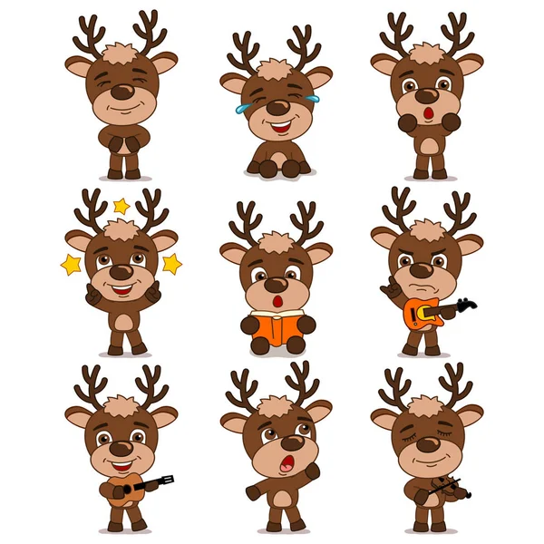 Set Charming Cartoon Characters Deer Musical Instruments — Stock Vector