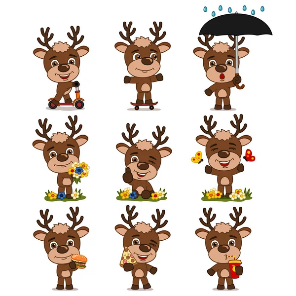 Set Charming Cartoon Characters Deer Fast Food Different Poses Flower — Stock Vector