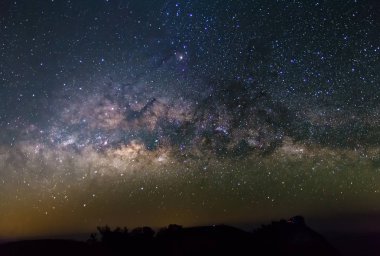 Gece manzarası ile renkli Samanyolu ve dağlar, sarı ışık