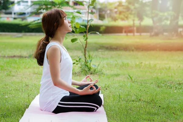Genç Asyalı kadın meditasyon yoga mat lotus poz otururken spor giyim
