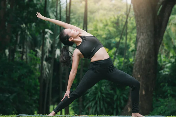 Warrior Poose (Virabhadrasana) 'da yoga yapan Asyalı kadın açık hava parkında minder üzerinde.