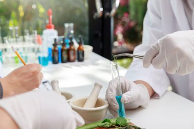 Bilim adamı ya da doktor masadaki laboratuvarda bitkisel ilaç yapıyor. Bitkisel bitki ilacıyla. Laboratuvarda doğal olan organik..