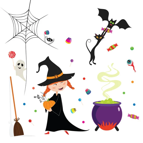 Cadılar Bayramı kartı çizgi film eğlenceli tarzı bazı karakterler ve öğeleri.