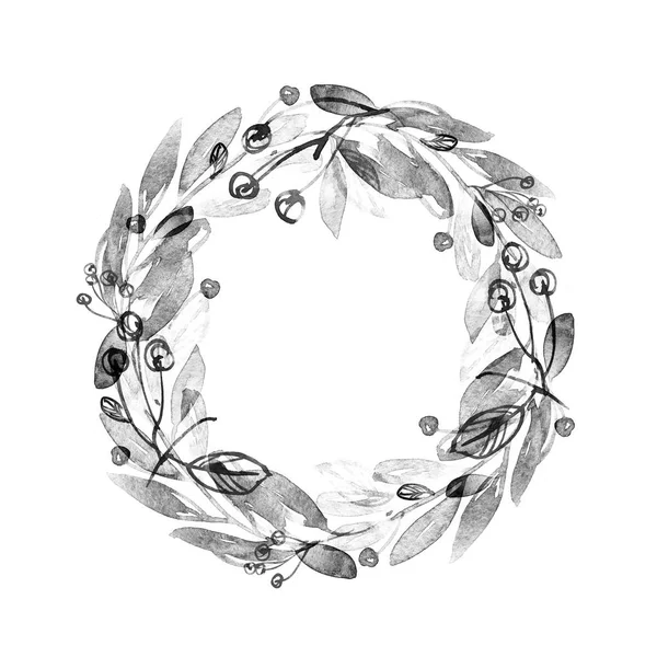 Grisaille Siyah ve Beyaz Suluboya. Suluboya çelenk kiraz ve yapraklar