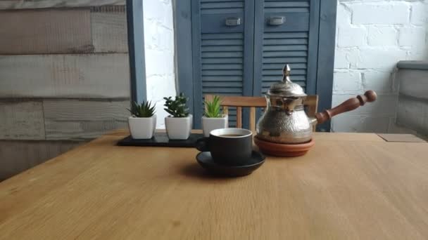 Closeup Coffee Pot Natural Coffee Cup Coffee Table Coffee Breakfast — Stock Video