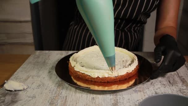 Assemblage des couches de gâteau noix-banane, maculage de sirop, application de crème au beurre, remplissage de la garniture, tout le processus de fabrication du gâteau, images de stock — Video