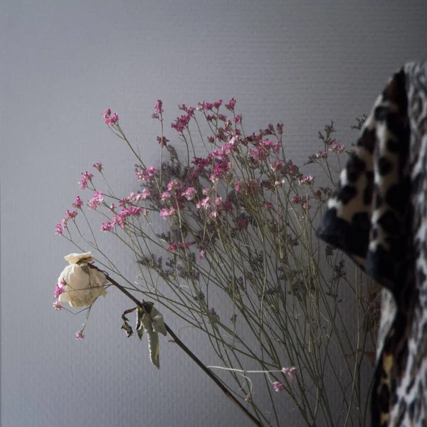 En bukett av torra rosa blommor och en vit torr ros mot en grå vägg, Lägenhet inredning. — Stockfoto