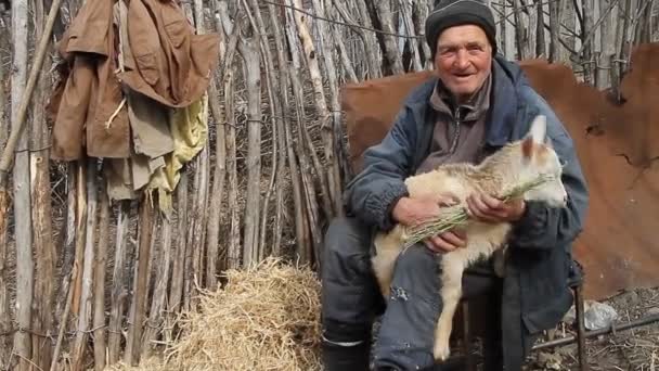 Ein sehr alter kranker Mann sitzt auf einem Schemel und hält eine Ziege in den Händen, spielt und füttert. Leben im Dorf. Konzept der natürlichen Wirtschaft.