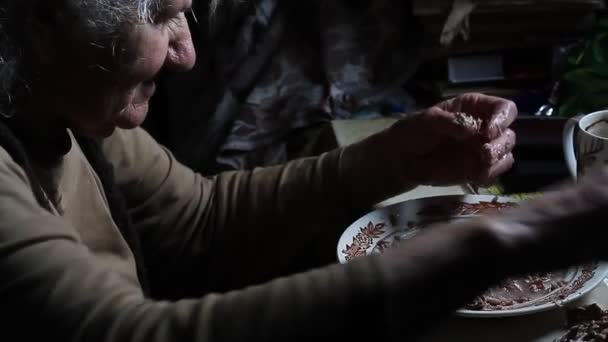 非常に古い病気の女性は 夕食を調理するための残り物を解析します 農場での生活 貧困ラインの下の生活 放棄された村 — ストック動画