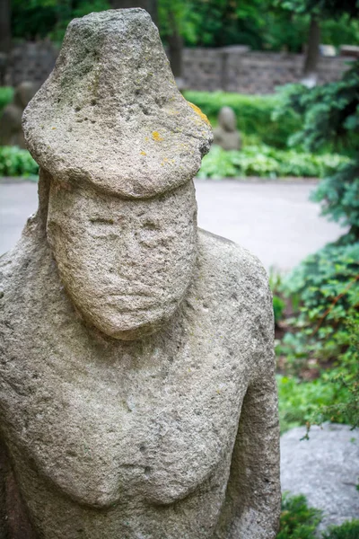 Antigua estatua de la mujer de piedra polovtsiana o piedra límite en el parque de la ciudad — Foto de Stock