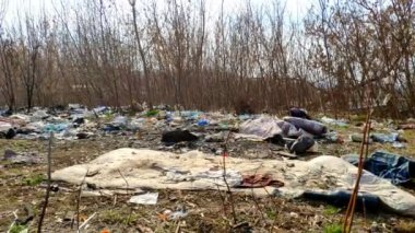 Ormanda yere bir sürü çöp düşüyor. Çevre kirliliği sorunu. Plastik ve çöp ile çevre kirliliği.