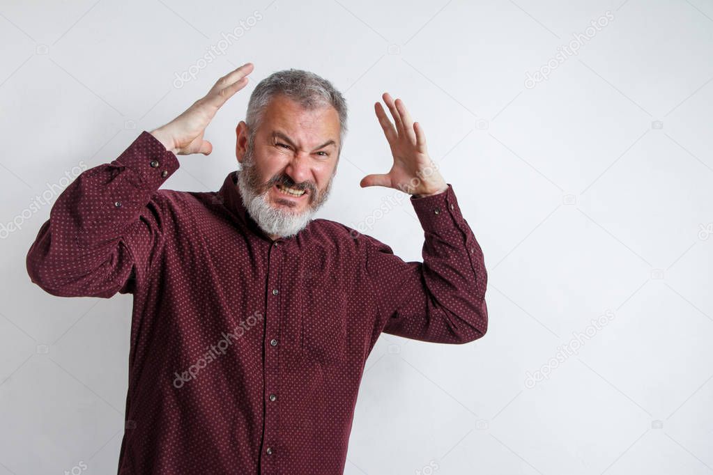 Closeup portrait of angry upset gray bearded man, worker, employee, business man hands in airion