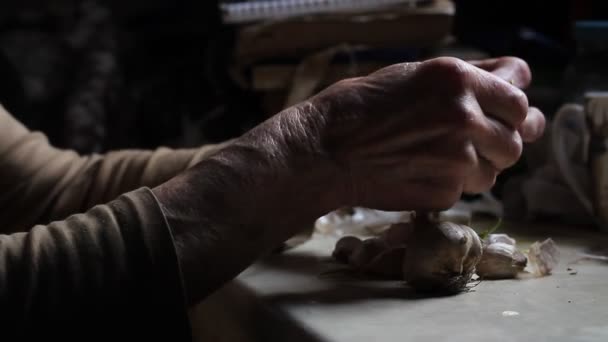 生病的老妇人的手清洁和触摸大蒜头之前 在古老的质朴厨房做饭 选择性的焦点 — 图库视频影像