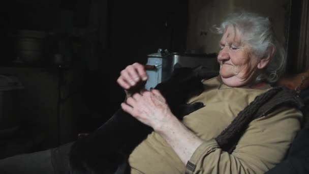 Μια Γριά Γυναίκα Γκρίζα Μαλλιά Κρατά Μαύρη Γάτα Της Στα — Αρχείο Βίντεο
