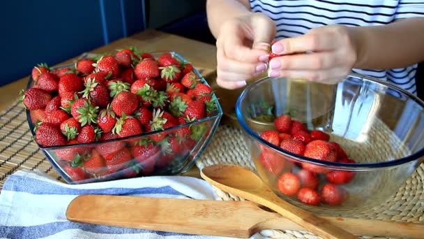 特写女性双手剥新鲜大草莓供日后使用 柔自侧重点 — 图库视频影像