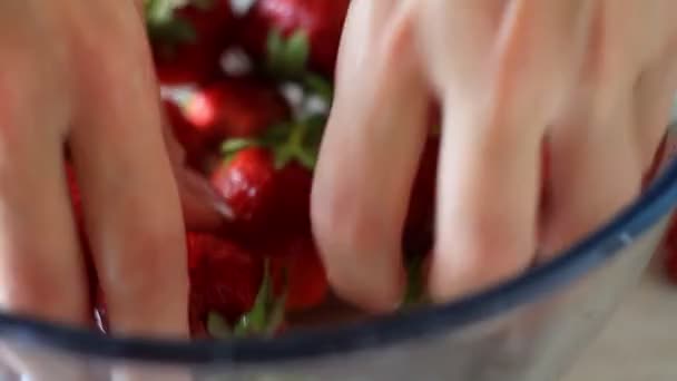 特写女性双手在玻璃碗中清洗大熟的新鲜草莓 选择性聚焦 — 图库视频影像