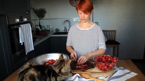 Jonge Vrouw Gesneden Verse Rijpe Aardbeien Voor Het Maken Van — Stockvideo