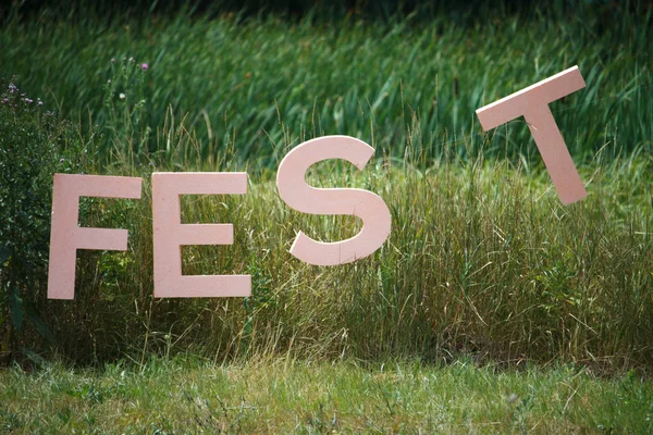 Grandi lettere della parola FEST segno che il festival si svolge qui sullo sfondo di boscaglie di canne e boschi — Foto Stock