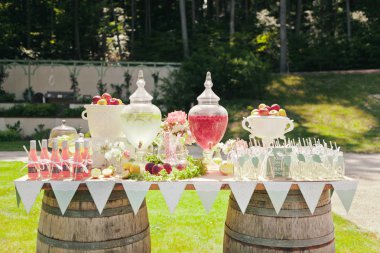 İki büyük ahşap varil üzerinde düzenlenen limonata ve kokteyller büyük şişe ile bir tatil için piknik dekorasyon ile fotoğraf, doğada bir büfe kavramı