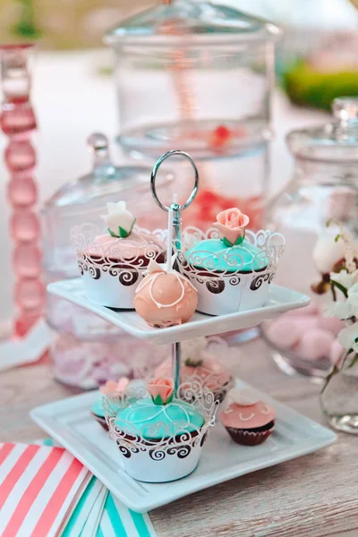 Gros plan de cupcakes multicolores sur de nombreux piédestaux prêts pour un pique-nique, un buffet ou une cérémonie de mariage à l'extérieur, focus sélectif — Photo