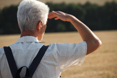 A man with gray hair and a black backpack behind his back is standing on the stubble of a wheat field, raised his hand and looks into the distance clipart