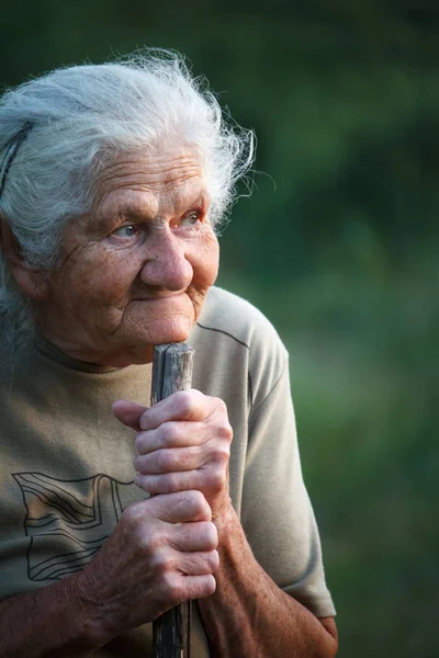 Ritratto ravvicinato di una vecchia con i capelli grigi che sorride e alza lo sguardo, appoggiando il mento su un bastone come se camminasse con un bastone, faccia in rughe profonde, messa a fuoco selettiva — Foto Stock