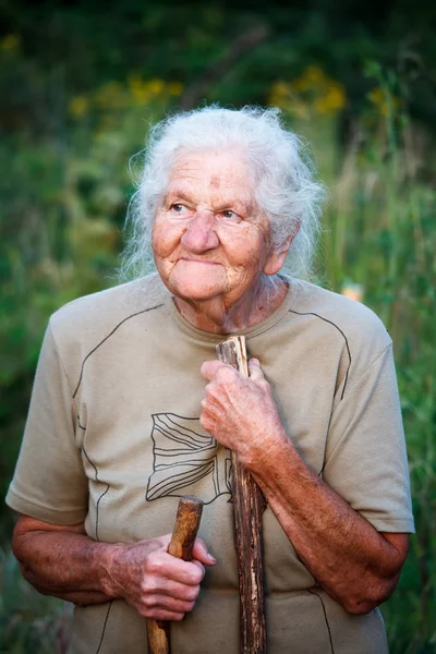 Portrait en gros plan d'une vieille femme aux cheveux gris souriant et levant les yeux, reposant son menton sur un bâton comme si elle marchait avec une canne, visage dans les rides profondes, mise au point sélective — Photo
