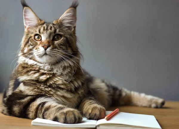 Close-up portrait of Maine Coon cat lies on a wooden table on an open notebook and a red pencil, selective focus, copy space — Stock Photo, Image