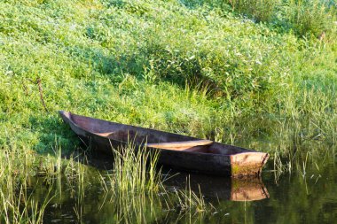 Eski ahşap iskele, copyspace yanında nehrin yeşil kıyısında demirlemiş eski ahşap balıkçı teknesi